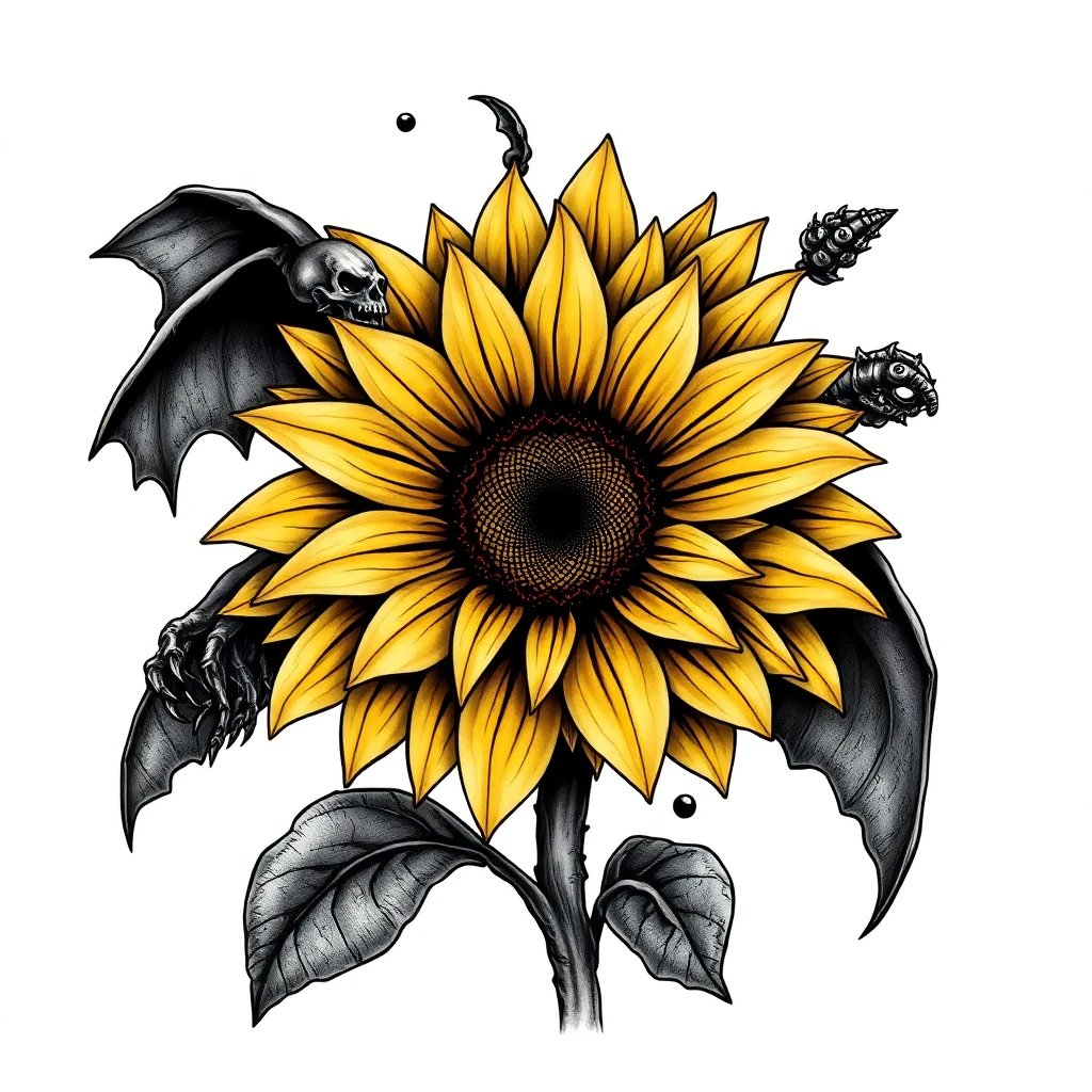Tatouage tournesol en style horror, design généré par IA