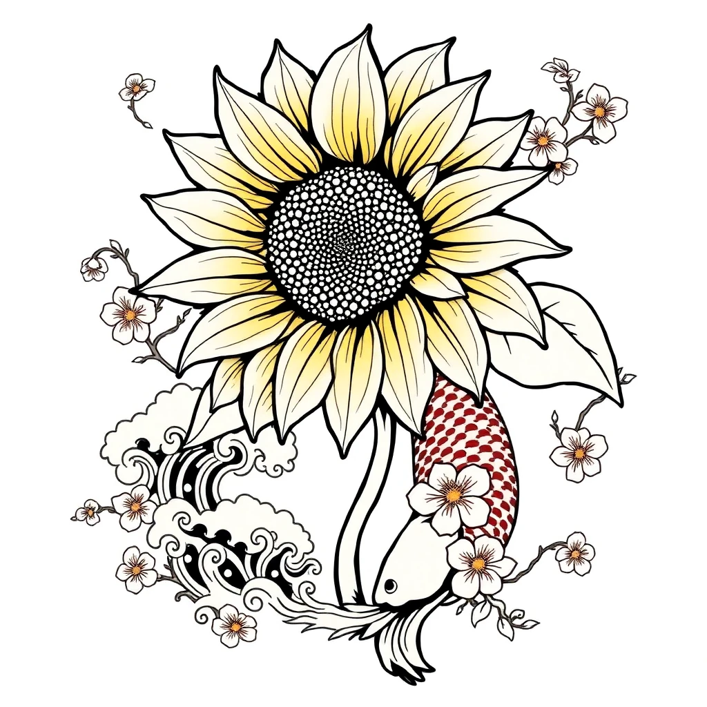 Tatouage tournesol en style japonais, design généré par IA