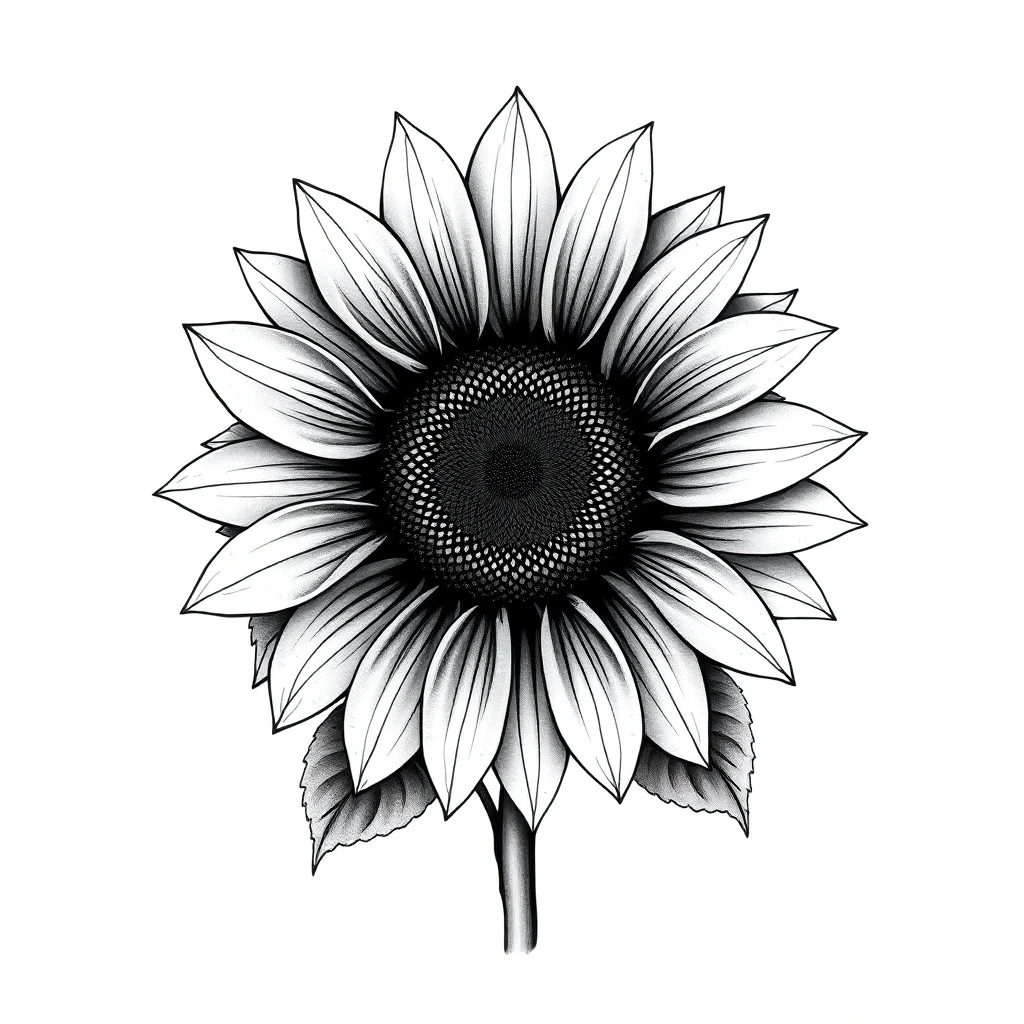 Tatouage tournesol en style noir et blanc, design généré par IA
