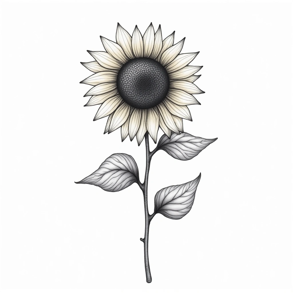 Tatouage tournesol en style single needle, design généré par IA