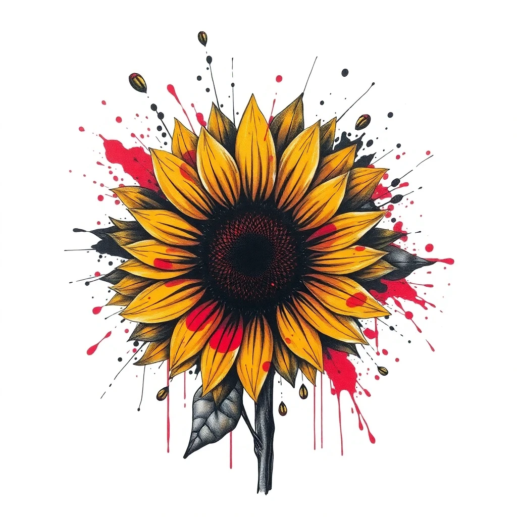 Tatouage tournesol en style trash polka, design généré par IA