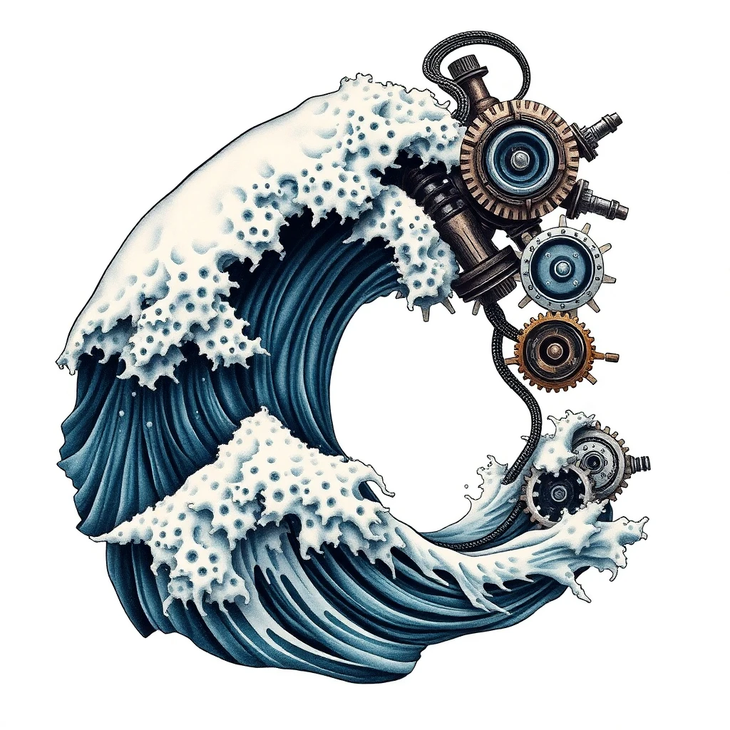 Tatouage vague d'Hokusai en style biomécanique, design généré par IA