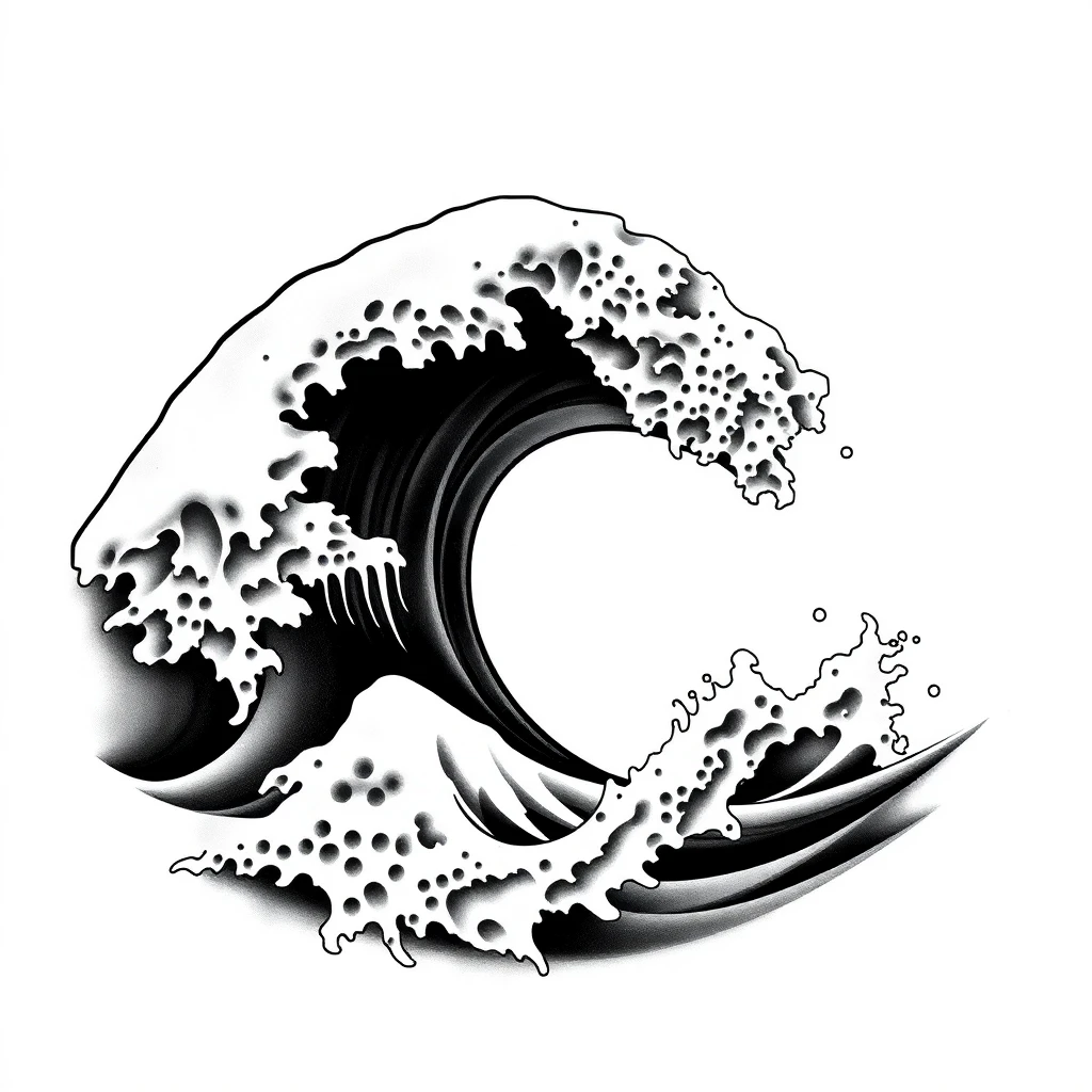 Tatouage vague d'Hokusai en style black and gray, design généré par IA