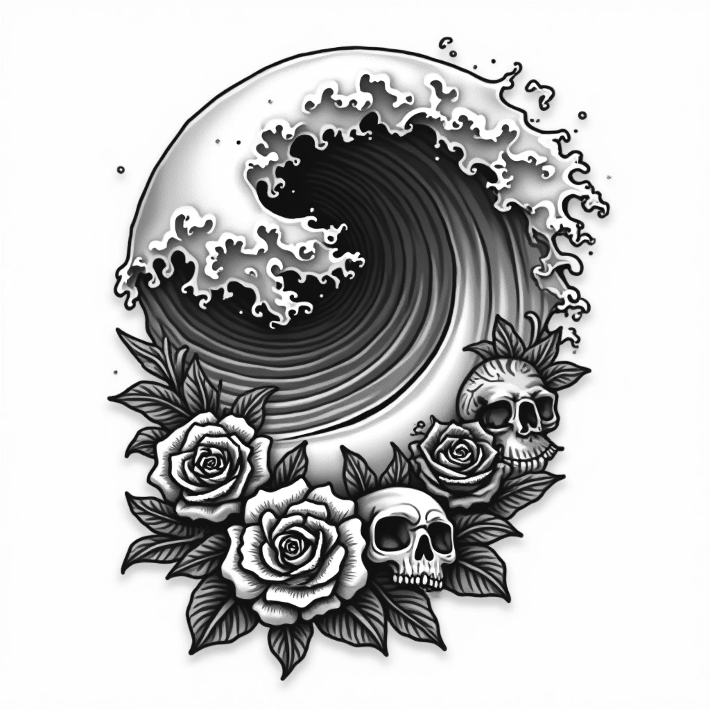 Tatouage vague d'Hokusai en style chicano, design généré par IA