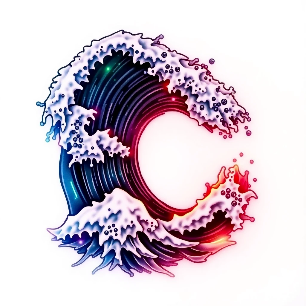 Tatouage vague d'Hokusai en style cyberpunk, design généré par IA