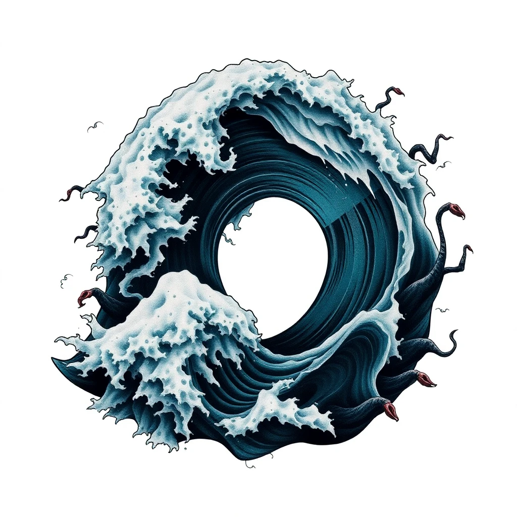 Tatouage vague d'Hokusai en style horror, design généré par IA