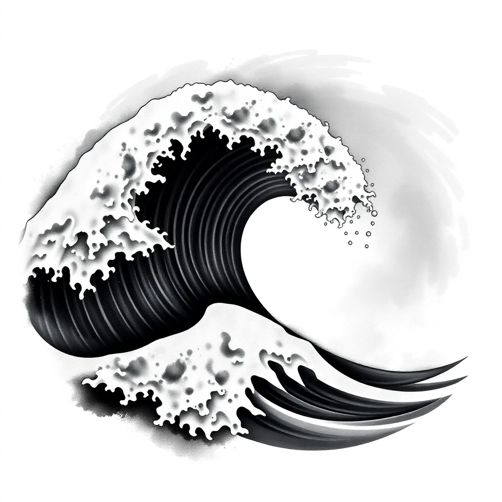 Tatouage vague d'Hokusai en style noir et blanc, design généré par IA