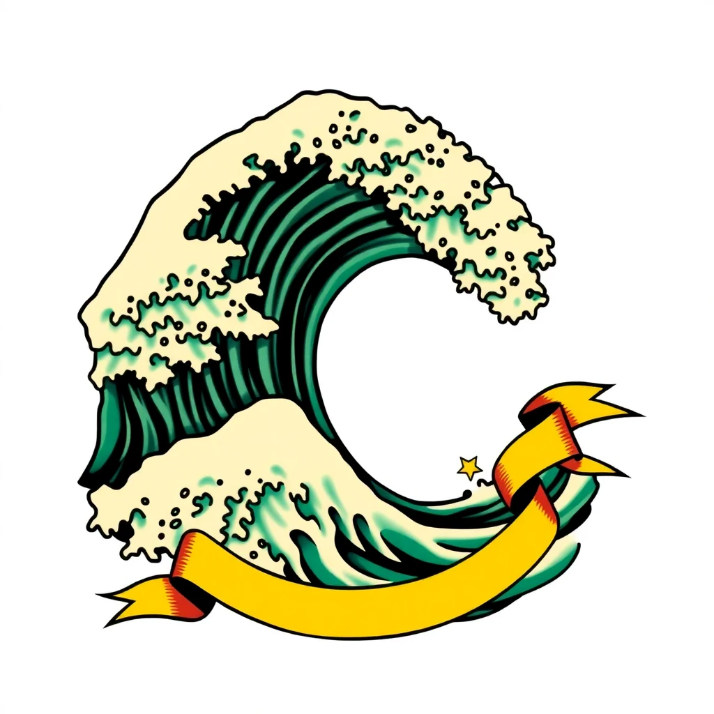 Tatouage vague d'Hokusai en style old school, design généré par IA
