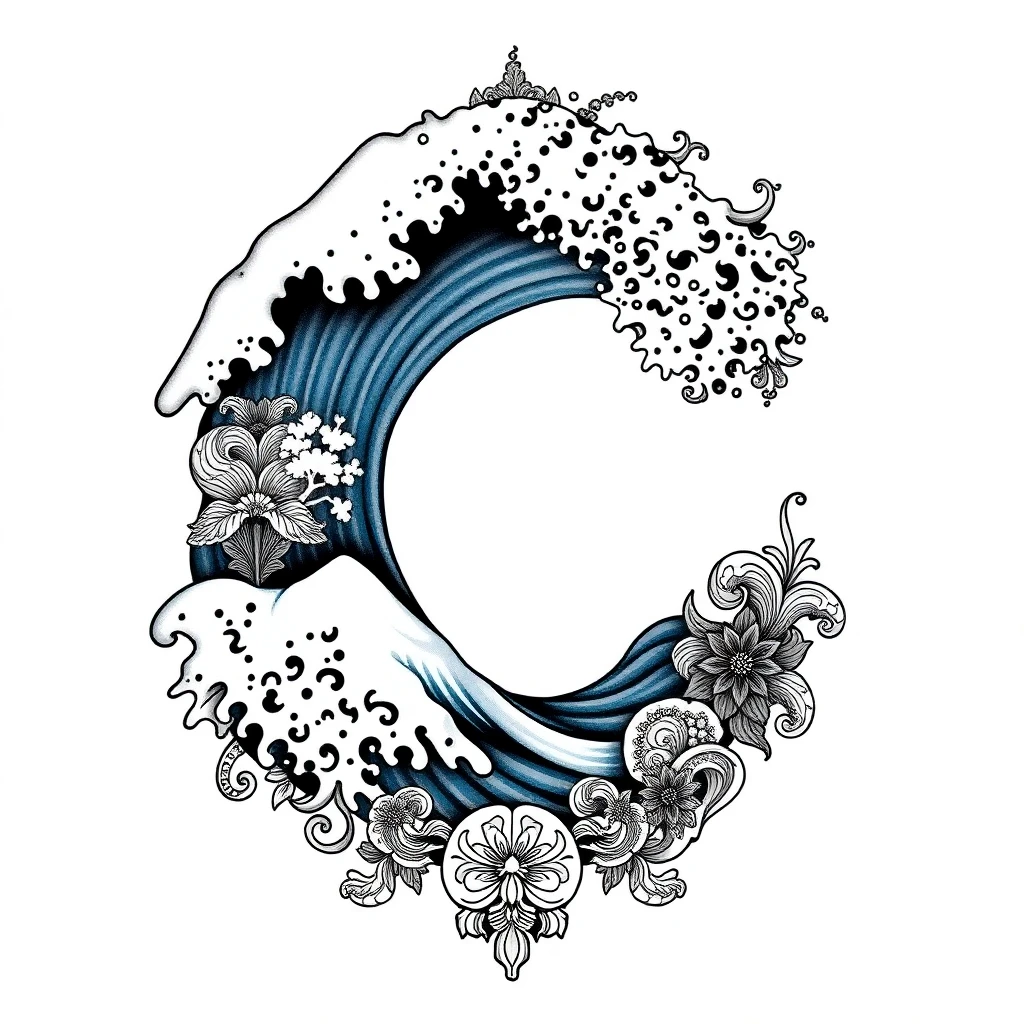 Tatouage vague d'Hokusai en style ornemental, design généré par IA