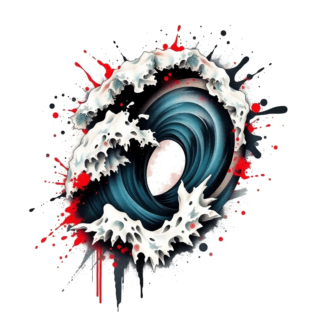 Tatouage vague d'Hokusai en style trash polka, design généré par IA